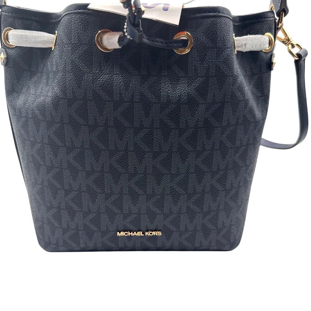 Michael Kors MK Signature Blue Bucket Bag Designer Logo Tote Gold Hardware - Picture 7 of 13
